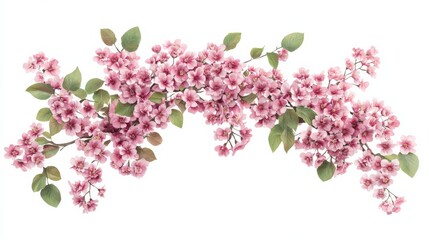 Wall Mural - delicate pink cherry blossom branch with green leaves on white background