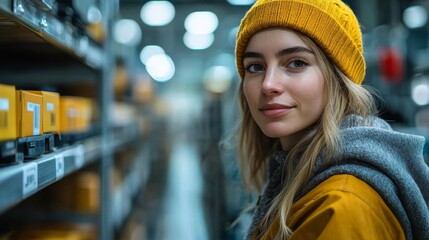 Poster - A young woman wearing a yellow beanie is seen in a warehouse, surrounded by shelves filled with boxes. She reflects dedication to her work in the logistics and supply chain industry.