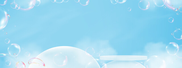 Leinwandbilder - Sky Blue,Cloud Background with Bubbles Air Flying on Blue Pedestal Podium Platform,Minimal Background 3d Display for Summer Cosmetic Product Banner,Vector Spring Sky Nature Background