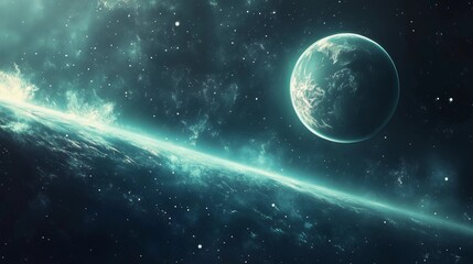 Wall Mural - a blue planet with a large moon in the sky. the planet is surrounded by a blue and white space