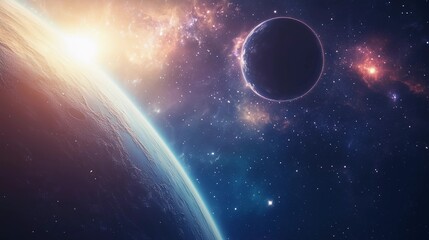 Wall Mural - a planet and a moon are in the sky. the planet is surrounded by a lot of stars and the moon is in th