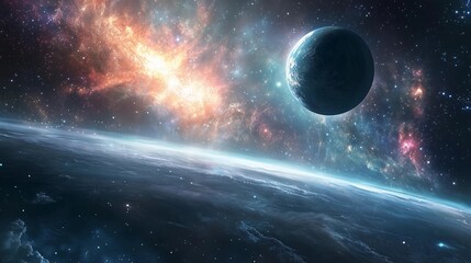 a planet is floating in space with a bright orange and red cloud in the background. the planet is su