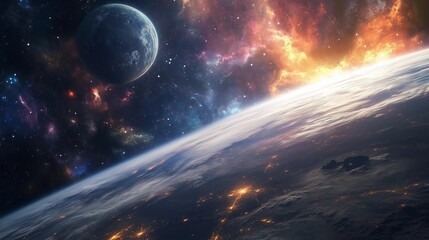 Wall Mural - a planet with a large moon and a colorful sky. the sky is filled with stars and the planet is surrou