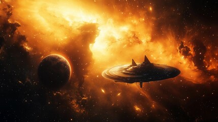 Wall Mural - a spaceship is flying through a space filled with clouds and stars. the scene is set in a distant ga