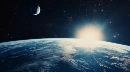 Wall Mural - the sun is shining on the earth, and the moon is in the background. the sky is dark, and the stars a