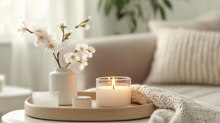 Poster - elegantly arranged candles and flowers on a cozy table in a soft-lit living room during a tranquil a