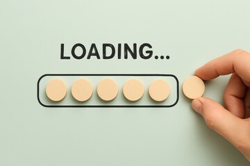 Fototapete - Loading Progress: A hand carefully positions a disc onto the loading bar, symbolizing the anticipation of an update or completion, this image highlights digital progress