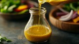 Vinaigrette dressing elegantly poured from a glass bottle, forming a thin golden stream