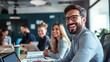 © Katerina Bond - Happy young professionals working together in a modern office during a meeting, sharing ideas and laughing in a positive and collaborative environment. Office man.