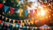 © Katy - Colorful banners decorate an outdoor festival, celebrating eco-friendly innovations while the warm sun sets in the background, creating a vibrant and inviting atmosphere