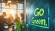 © Katy - A team of activists collaborate, brainstorming eco-friendly ideas in a modern workspace, with a whiteboard prominently displaying the phrase 'Go Green'