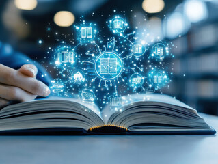 Leinwandbilder - Glowing Digital Icons Emerging from Open Book in Library Setting