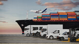 3D Rendering of Multimodal Transport with Ship, Trucks, and Plane..