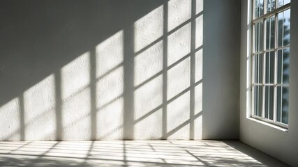 Aufkleber - Sunlight streams through a window, casting shadows across for minimalist white room copy featuring space a text video 4k
