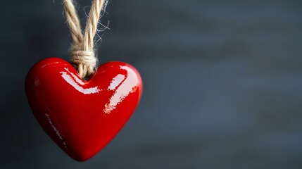 Poster - Bright red glossy heart ornament hanging on rustic twine string against dark moody background, symbolizing love, romance and Valentine's day celebration.