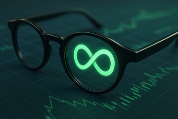 Poster - Infinite Vision: Stylish glasses frame an infinity symbol, suggesting endless possibilities against a backdrop of financial charts, symbolizing future growth and investment.