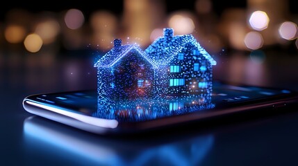 Poster - glowing blue holographic houses emerging from smartphone screen with bokeh background, representing 