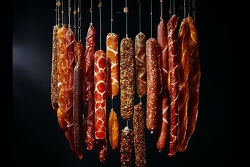 Poster - Artistic arrangement of sausages on a clean dark blue background with minimalist design