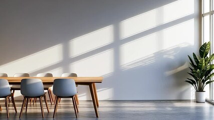 Poster - Modern white white room interior with minimalist chairs, wooden table, dining wall, and modern lamps illuminating a ficus plant video 4k