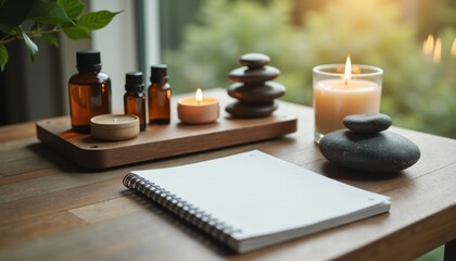 Poster - Aromatherapy essentials on a wooden table with candles and stones  