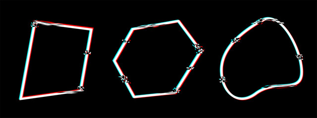 Fototapete - Set of glitch geometrical icons or frames. Digital neon shapes with distorted and damage effect. Modern design illusion. Vector illustration.