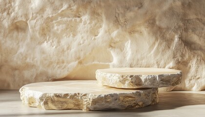Poster - Round Podium For Displaying Brand Products In A Stone And Rock Shape Render With A Combination Of Gold And White Colors. Perfect Mockup Template For Advertising Purposes.