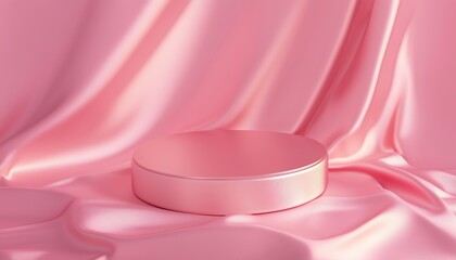 Poster - Elegant Pink Silk Fabric Round Pedestal On Pink Pastel Background With Copy Space For Mockup Products In Delicate Luxurious Satin.