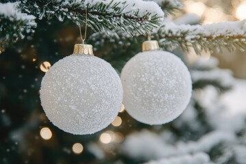 Wall Mural - white christmas balls on tree