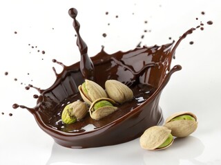 Aufkleber -  Chocolate fountain with pistachio nuts on white surface. 