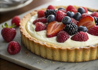Poster -  Dessert pie with cream and berries. Fresh strawberries, blueberries and raspberries. 