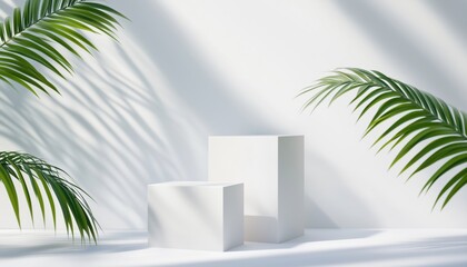 Poster - Tropical Showcase For Cosmetic Products, Goods, Shoes, Bags, And Watches: White Square Podiums In Sunlight With Shadow Palm Leaf In White Space.