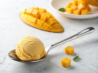 Aufkleber -  Creamy yellow scoop of ice cream on a spoon, next to slices of mango and a metal spoon. 