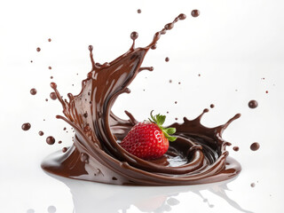 Fototapete -  Chocolate syrup forming wavy patterns on a white surface, with strawberries and chocolate sauce. 