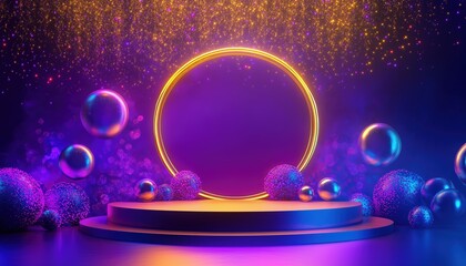 Poster - Luxurious Cream Podium With Circular Frame Elements, Backlit With Golden Glitter, And Light Effects For A Touch Of Elegance.