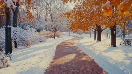 Wall Mural - snowy park pathway