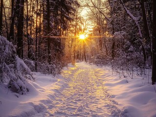 Wall Mural - sunset behind trees in snowy landscape