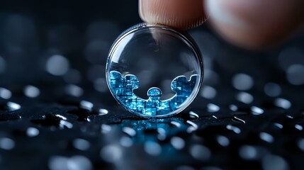 Poster - Glowing blue bacteria seen through glass sphere on dark background with bokeh effect, scientific research concept showing microscopic organisms in macro photography.