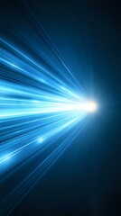 Poster - Bright light source emitting intense blue rays against dark background, creating dynamic motion effect and perspective depth for technology and energy concepts.