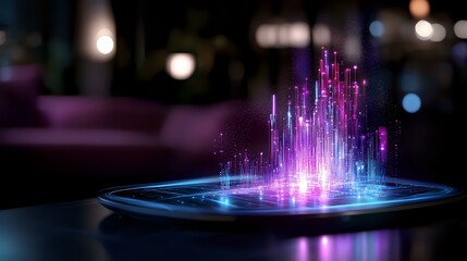 Poster - Futuristic holographic city rising from smartphone screen with glowing purple and blue light effects, digital technology concept for mobile innovation and augmented reality.