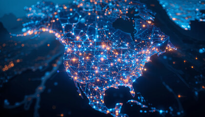 Poster - A vibrant depiction showcases North America as illuminated by countless network connections, symbolizing technology and data exchange. The glowing nodes represent active communication hubs