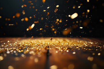 Poster - Golden glitter particles falling on reflective surface with bokeh effect and dark background, creating magical atmospheric composition.