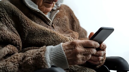 Poster - senior caucasian person in cozy brown fleece jacket using smartphone, close-up view of aged hands ho