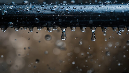 Poster - Water droplets accumulate on a dark metallic surface with blurring background. The droplets vary in size, reflecting light uniquely as they hang precariously, capturing the essence of a rainy day