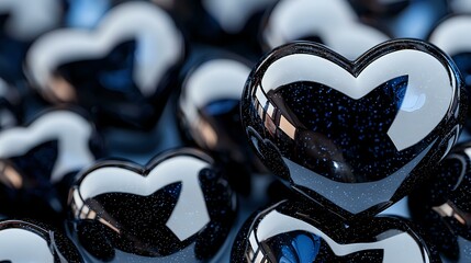 Poster - Glossy black heart shapes with reflective surfaces arranged in rows create romantic pattern. Dark mysterious background adds dramatic mood for valentines designs.