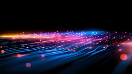 Poster - glowing neon lines and particles flow in perspective on dark background creating futuristic technolo