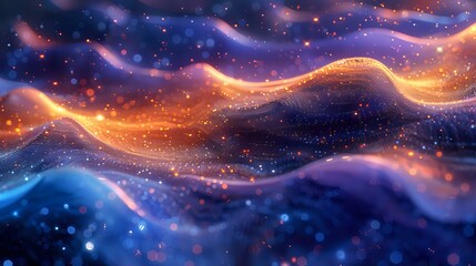 Poster - Magical cosmic waves with glowing orange and purple light effects flowing through starry space background, abstract luminous energy pattern for wallpaper design.