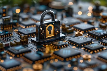 Poster - Padlock with digital circuit pattern on computer motherboard representing cybersecurity and data protection, glowing bokeh lights in background.