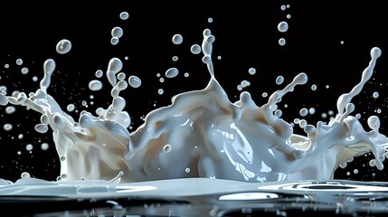 Poster - White milk splash crown with droplets against black background, dynamic liquid motion captured in high speed photography showing fluid dynamics and splashing effect.