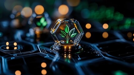 Poster - Green sprout growing in hexagonal glass chamber on dark circuit board surface with glowing bokeh lights, symbolizing technological innovation and sustainable growth.