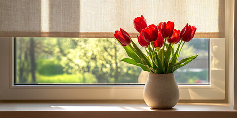 Poster - Red tulips in a light gray vase sit on a windowsill, sunlight streaming in from a blurred green background, conveying freshness and springtime serenity